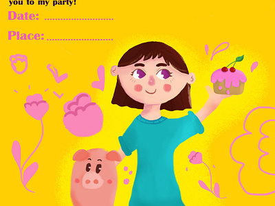 Childrens illustration girl character and pig