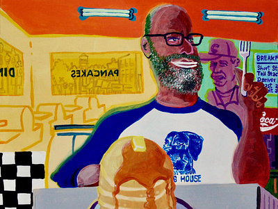 PANCAKE MAN breakfast diner guy illustraion meal pancakes stack