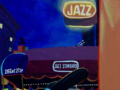 BASS ON THE STREET awning bass dusk illustration jazz jazz standard murray hill music musician neon neon sign new york nightfall nyc pinstripes street