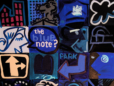 BLUE NOTE BOXES blue boxes clock cubes illustration jazz landmarks library lion modular new york nyc park police popcycle question signage street woman
