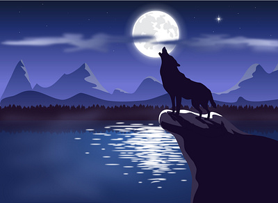 The Wolf and The Moon illustration lake moon night vector wolf