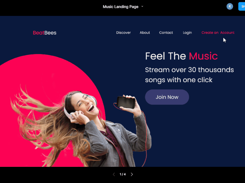 Music Landing Page using Figma animation design figma figmadesign minimal responsive ui web web design webdesign website