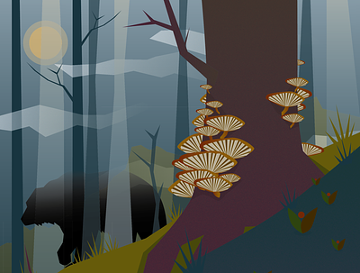 Bears in an Autumnal Forest bear ecology forest fungi illustration misty mystical nature vector