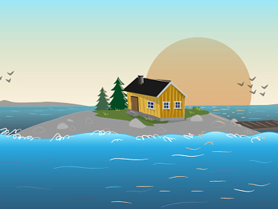 Little Nordic Island cottage finland illustration nature seaside sunset vector
