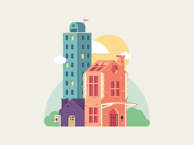 Houses 3d big cloud colors estate house icon illustration material small summer vector