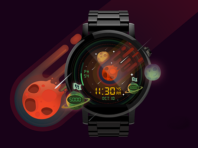 Meteor Watch Face Illustration animation app clock counter design icon illustration logo meteor samsung space typography ui vector watch