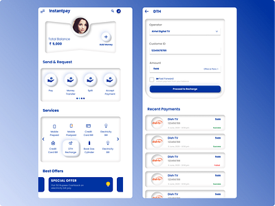 InstantPay India Banking platform Designed DTH Recharge flow 3d bank platfrom dth recharge effects instantypay logo mobile app money transfer pay recharge split ui vector