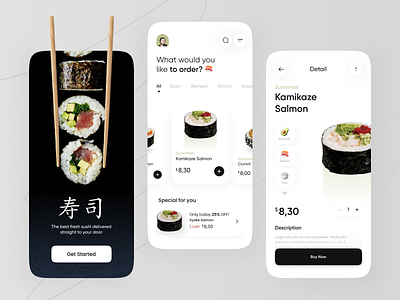 Sushi Apps Exploration 🍣 card clean delivery delivery app food food app food shop green japan minimalist mobile mobile app mobile design restaurant shop splashscreen sushi sushi app ui ux