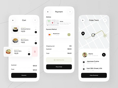 Sushi Restaurant Apps Exploration 🍙 card cart clean delivery food green japan maps minimalist mobile app mobile design order track payment restaurant shop sushi tracking ui ux voucher