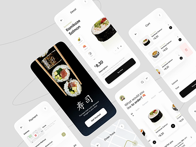 Sushi Restaurant Apps Exploration 🍙 - Animation animation card cart clean food food app green japan maps minimalist mobile app mobile design order track payment restaurant shop suhsi tracking ui ux