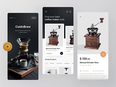 ColdnBrew - Coffee Machine Mobile App ☕️ animation app card classic clean coffee interaction market market place minimalist mobile mobile app motion graphics principle product prototype shop splash screen ui ux