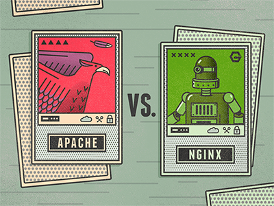 Apache VS. Nginx bird cards illustration robot server texture