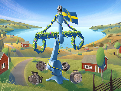 RSP - Midsummer Robot illustration landscape midsummer midsummer pole robot summer sweden swedish