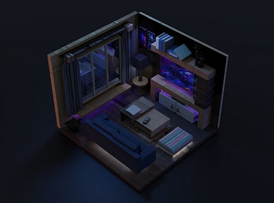 3D Living Room 3d blender blender3d design isometric room lights lowpoly minimal moon neon night ui