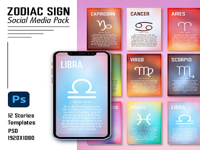 Zodiac Sign Social Media Template Pack blog design gradient graphic design horoscope instagram stories media pack photoshop template zodiac