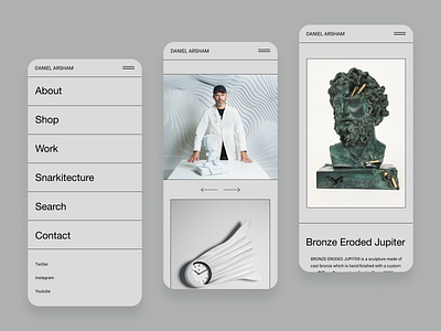 Daniel Arsham Layout | Mobile architecture art artist artwork branding clean concept daniel arsham design graphic design layout layout design minimal minimalism minimalist sculpture snarkitecture website