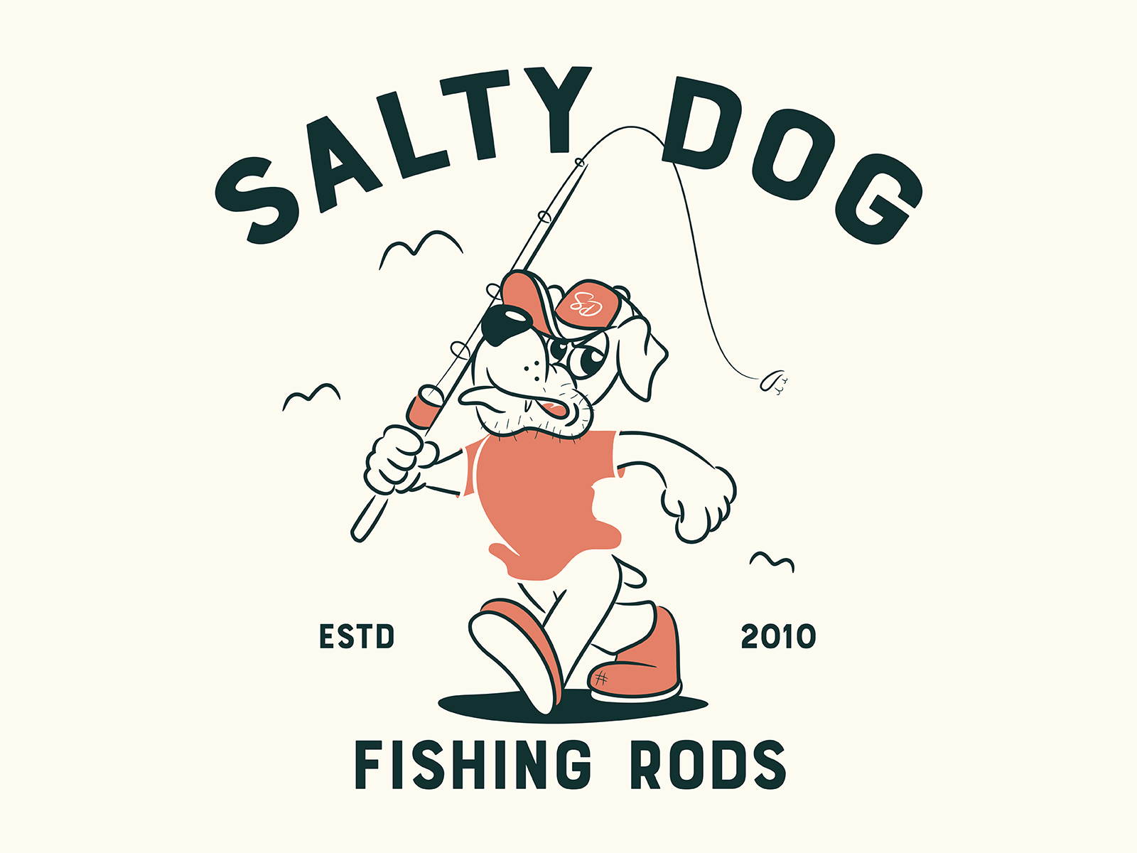 Salty Dog Fishing Rods animal bait branding cartoon dog figure fishing heritage logo outdoor saltlife tackle vector vintage walking water