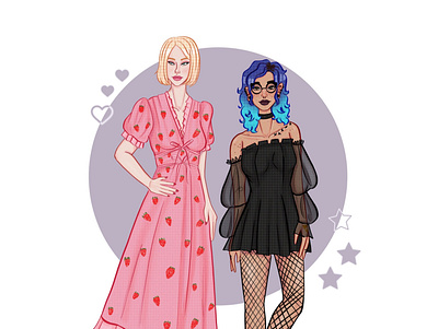 Strawberry dress vs. goth dress digital art drawing illustration