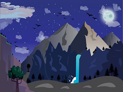 Mountain with Moon Night Illustration