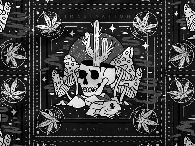 Bandana 420 bandana black cactus dark drugs frog handmade illustration line mushrooms pattern psychedelic skull weed