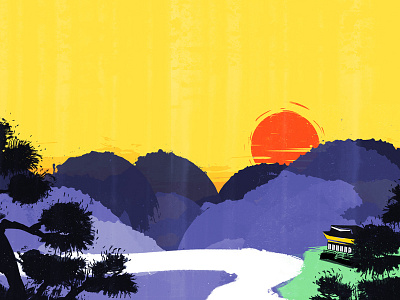 Korean Landscape brush ink korean landscape mountains sun sunset