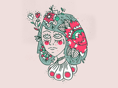 Lady of the flowers eyes face flowers girl handmade illustration natural tattoo traditional