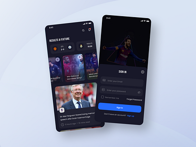 Sports app dark mode football login match mobile design news product design soccer sports