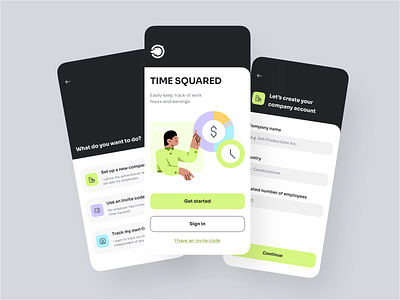 Time tracking app - TimeSquared appstore branding color palette design design system graphic design icon logo mobile app mobile ui time tracker timer timesheets ui ux