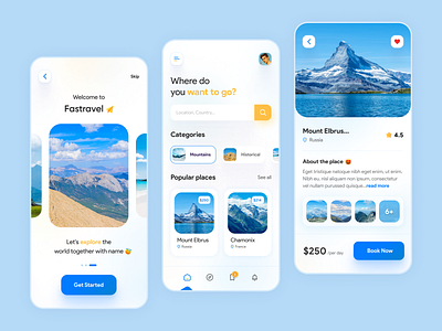 Travel booking app - Fastravel✈ blue color booking app clean design explore flight app minimal mobile ui tourism travel travel app ui ux vacation app