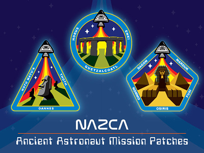 NAZCA: Ancient Astronaut Mission Patches ancient mysteries astronaut easter island moai paranormal patch pyramid space sphinx stonehenge