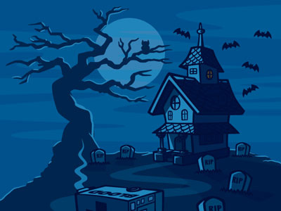 Haunted House Cartoon Landscape Illustration 02 art background bats cartoon cartooning drawing gravestone haunted haunted house illustration landscape moon moonlight scary spooky tree vector