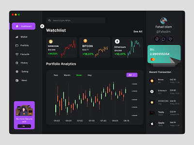 Cryptocurrency Dashboard - Dark Mode app bitcoin dashboard chart crypto crypto dashboard crypto wallet cryptocurrency cryptocurrency dashboard darkmode dashboard dashboard ui ethereum money nft payment trade trading uiux wallet dashboard web