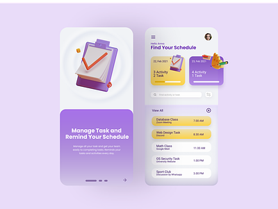 Task Manager App 3d 3d art activity manager animation app clear clearapp design figma icon minimal notes purple schedule app shadow task task manager ui yellow