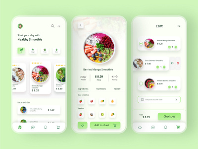 Smoothie Shop App Concept 3 page app clean delicious design diet figma food fresh graphic design green healthy minimal new pandemic simple smoothie white