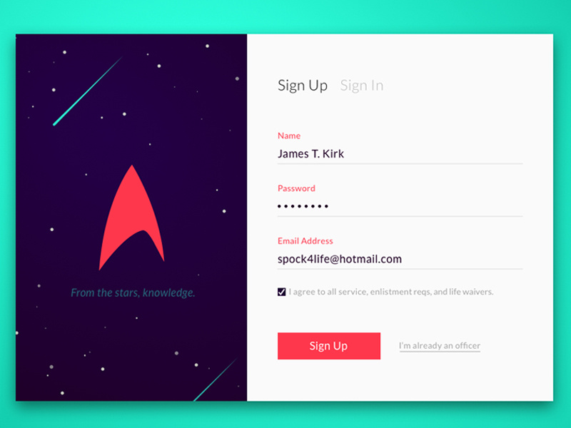 Day 001 - Starfleet Sign Up sign in log in pop up star trek sign up modal starfleet login space