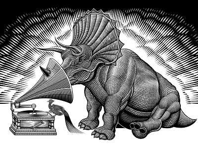Triceratops and Phonograph black and white crosshatch dinosaur illustration illustrations lizard phonograph record player triceratops vector