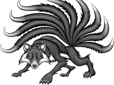Nine-tailed fox 9 tailed 9 tailed fox black and white chinese culture fox logo nine tailed scratchboard vector