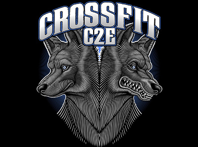 Crossfit C2E Wolves logo black and white branding crossfit fitness illustration logo logo design scratchboard screenprint t shirt vector vector art weightlifting wolves