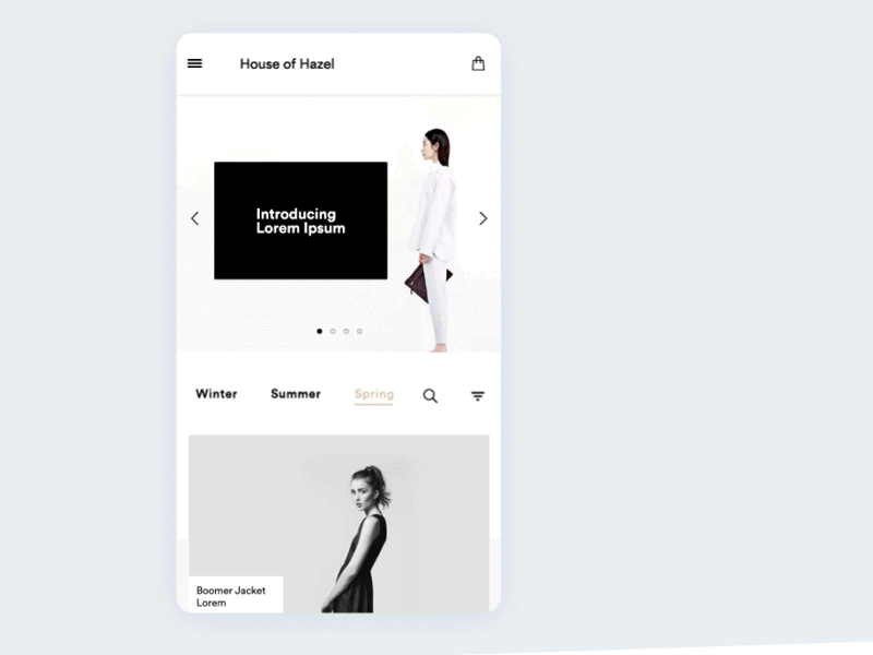Fashion E-Commerce UI Design 3// Home (Mobile) animation branding clean design ecommerce grid product ui user experience user interface ux designer