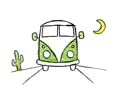 VW Bus album art beetle branding bus cactus car colored pencil doodle drawing green illustration illustrator logo moon music sketch van volkswagen vw