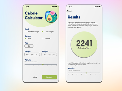 Calorie Calculator activity calculator calorie calories checkbox dailyui day4 design designer female health height male results uidesign weight