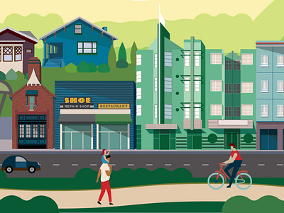 Illustration for the City of Berkley apartments berkeley bike biking buildings city cityscape downtown father and daughter hills piggy back ride shops street walk