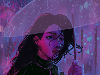 A rainy night aesthetic clipstudiopaint design digitalart illustration pixel portrait purple rain sadafdraws