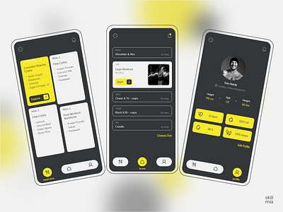 The Fitness App adobe xd app design black dark theme dark theme ui dark ui fit fitness fitness app health health app home meal meal planner planner skill mix ui design workout workout app yellow