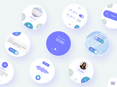 Trendy Watch UI adobe xd alarm call charging clean ui design mail map music player record skill trendy design ui uidesign voicemail watch watch ui watchface white white ui