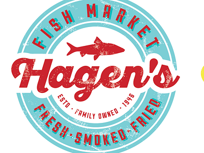 Fish market logo blue fish logo market red script texture white