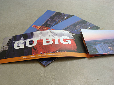 Go BIG, Go BOLD, Go PACK Brochure admission architecture brochure building clock college education ink lithography logo logotype marketing offset orange pano panorama pms printing sans serif serif tower trifold typography university