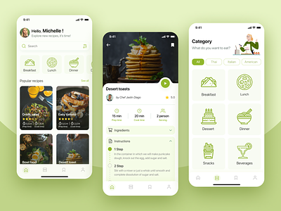 TEAI app breakfast cards chef cook cooking design dinner food green help illustration ingredients instructions lunch mobile recipe ui ux video