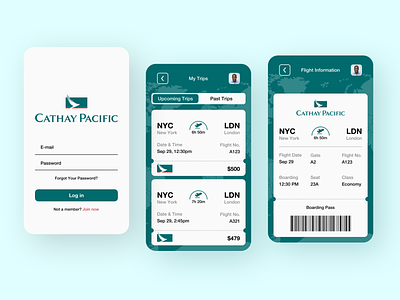 Flight Booking App airline app boarding pass booking booking app cathay pacific clean flight flight booking green mobile plane ticket ticket app ticket booking travel ui ui design ux white