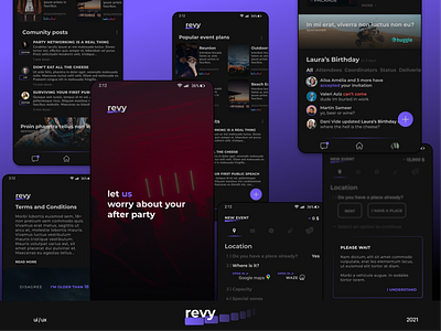 revy - an event planner app app design dark dark theme event app ui ui design ux ux design
